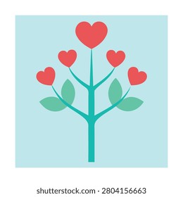 Stylized tree with red heart shaped leaves on blue nature love
