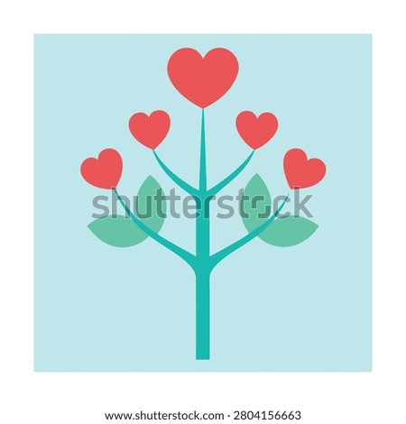 Stylized tree with red heart shaped leaves on blue nature love
