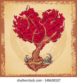 Stylized tree retro tattoo crown in the shape of heart