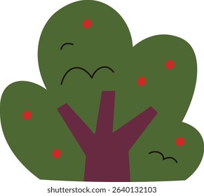 A stylized tree with round red fruits and simple lines. The bold shapes create a playful and modern look. Cartoon vector illustration.