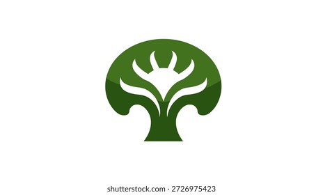 Uma árvore estilizada com uma coroa arredondada. O design apresenta espaços brancos dentro das folhas e tronco