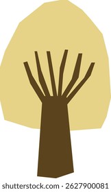 A stylized tree with a rounded crown and a thick trunk using geometric shapes.  The image shows a single plant with a large top and a strong stem in a bold graphic manner. Cartoon vector illustration