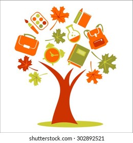 Stylized tree with school symbols and autumn leaves.