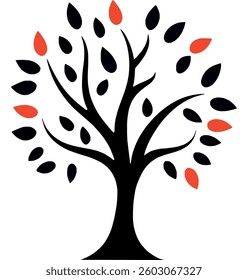 Stylized Tree Silhouette with Red Leaves Design