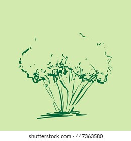 Stylized tree sketch isolated on green background. Vector illustration. Hand drawn Vintage engraved background. 