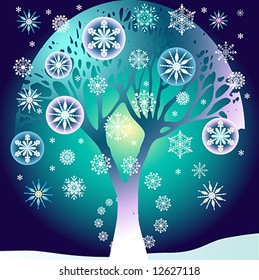 stylized tree and snowflakes