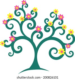 A stylized tree with spiral branches and flowers