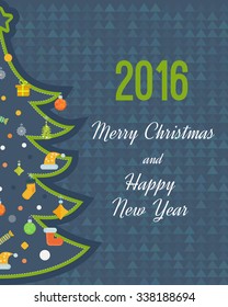Stylized tree with a star, Christmas ornaments and gift. Happy New Year. Cute invitation card with a Christmas tree and space for text. Merry Christmas greeting card design.