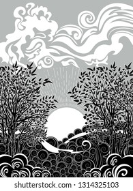 Stylized tree and stormy ocean or sea at sunset, art poster design.
