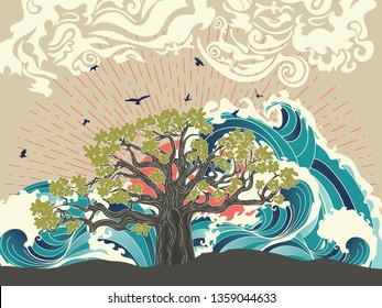 Stylized tree and stormy ocean or sea at sunset, art poster design.