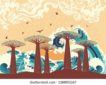Stylized tree and stormy ocean or sea at sunset, art poster design.