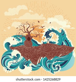 Stylized tree and stormy ocean or sea at sunset, art poster design.