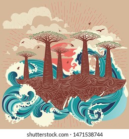 Stylized tree and stormy ocean or sea at sunset, art poster design.