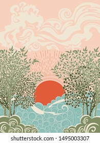 Stylized tree and stormy ocean or sea at sunset, art poster design.