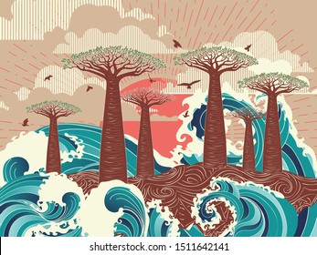 Stylized tree and stormy ocean or sea at sunset, art poster design.