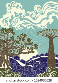 Stylized tree and stormy ocean or sea at sunset, art poster design.