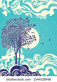 Stylized tree and stormy ocean or sea at sunset, art poster design.