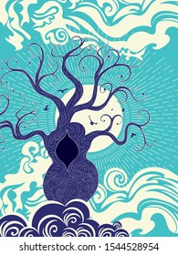 Stylized tree and stormy ocean or sea at sunset, art poster design.