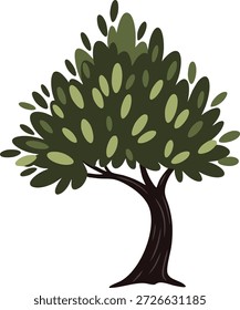 Un árbol estilizado con un tronco robusto y racimos de hojas de color olivo en un amplio dosel.
