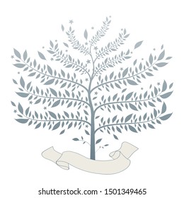 Stylized tree with text banner at the base of the trunk, isolated on white background