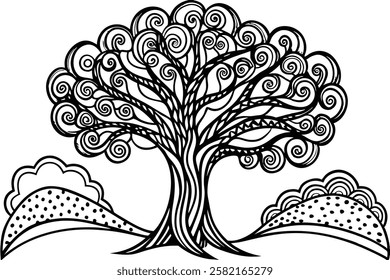 stylized tree with a thick trunk and a canopy filled with intricate floral patterns