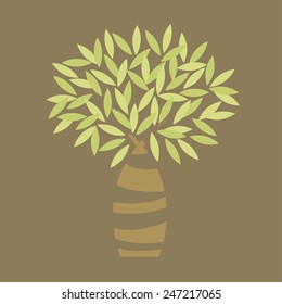 stylized tree with a thick trunk and spreading crown with green leaves