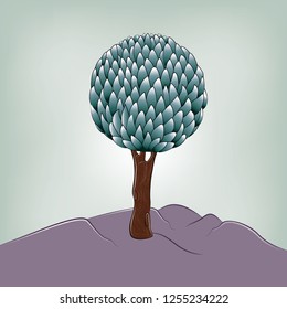 Stylized tree vector illustration and miniature landscape painting