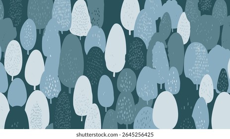 Árvores estilizadas montam densas madeiras padrão sereno floresta papel de parede gráfico