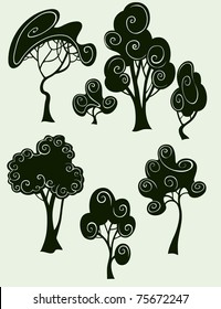 Stylized trees in black silhouette