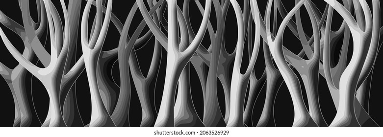 Stylized trees, fading dot effect, black and white vector banner