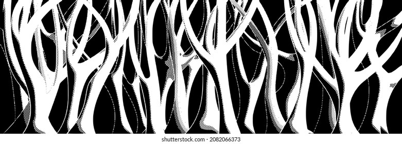 Stylized trees, fading dot effect, black and white vector banner