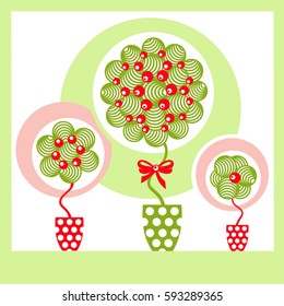 Stylized trees in flower pots, in red and green. Vector Illustration   