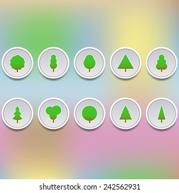 stylized trees icon set on grey badges and colored background