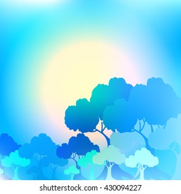 Stylized trees on sunrise background. Vector illustration.