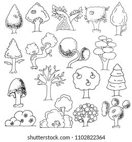 Stylized trees, set of black and white sketches on white background, hand drawing, vector illustration