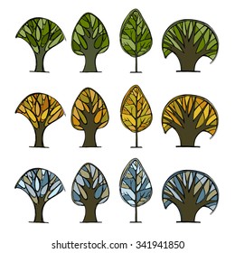 The stylized  trees in style a stained-glass window in different a time of the year.
Vector illustration.
