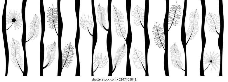 Stylized trees, tropical leaves, black and white vector banner
