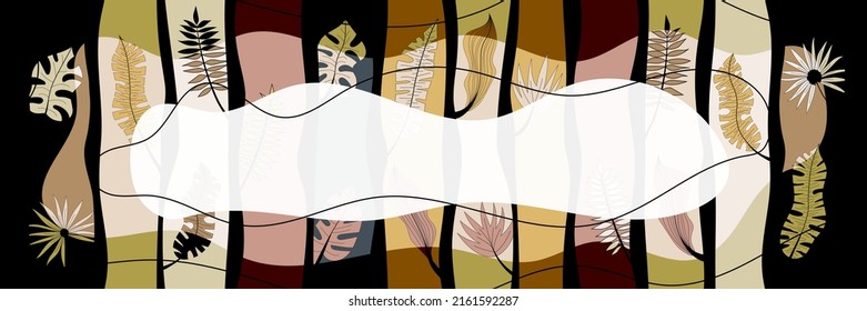 Stylized trees, tropical leaves, vector banner, frame