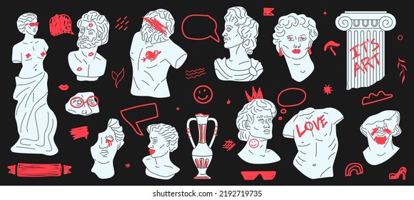 Stylized trendy Greek sculptures with doodle lines, hand-drawn inscriptions and elements. Symbols of zine culture, reinterpretation of classics.