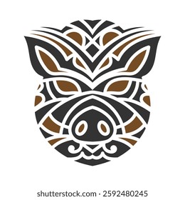 Stylized tribal boar tattoo design featuring intricate geometric patterns in black and brown, symbolizing strength, resilience, and courage. Tribal Boar Tattoo Design with Geometric Patterns