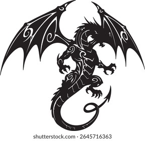 Stylized tribal dragon silhouette with aggressive pose, large wings, and spiral tail, in black and white only, high contrast tattoo art