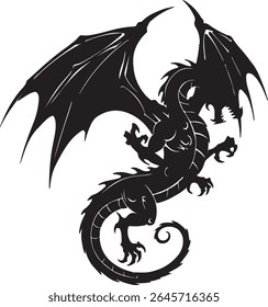 Stylized tribal dragon silhouette with aggressive pose, large wings, and spiral tail, in black and white only, high contrast tattoo art