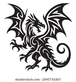 Silhueta de dragão tribal estilizada com pose agressiva, asas grandes e cauda espiral, apenas em preto e branco, arte de tatuagem de alto contraste