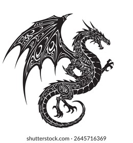 Stylized tribal dragon silhouette with aggressive pose, large wings, and spiral tail, in black and white only, high contrast tattoo art