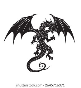 Stylized tribal dragon silhouette with aggressive pose, large wings, and spiral tail, in black and white only, high contrast tattoo art