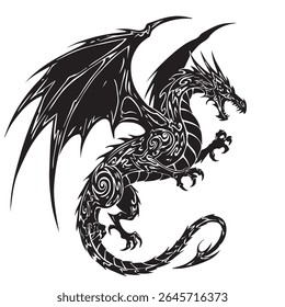 Stylized tribal dragon silhouette with aggressive pose, large wings, and spiral tail, in black and white only, high contrast tattoo art