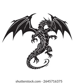 Stylized tribal dragon silhouette with aggressive pose, large wings, and spiral tail, in black and white only, high contrast tattoo art