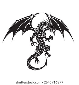 Stylized tribal dragon silhouette with aggressive pose, large wings, and spiral tail, in black and white only, high contrast tattoo art