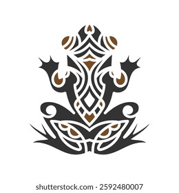 Stylized tribal frog tattoo featuring intricate geometric and ornamental patterns in black and brown, symbolizing transformation, adaptability, and spiritual energy. Tribal Frog Tattoo 