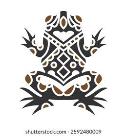 Stylized tribal frog tattoo featuring bold geometric and ornamental patterns in black and brown, symbolizing transformation, adaptability, and natures balance. Tribal Frog Tattoo 